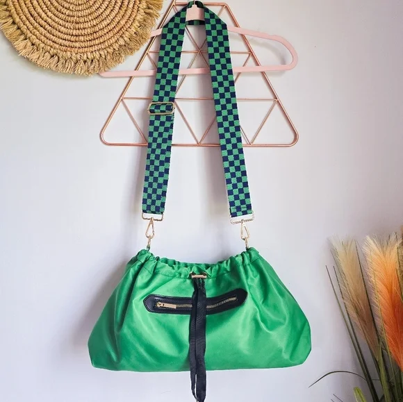 AhDorned, Kelly Green Drawstring Nylon Plaid Guitar Strap Crossbody Bag Tote - Picture 10 of 10